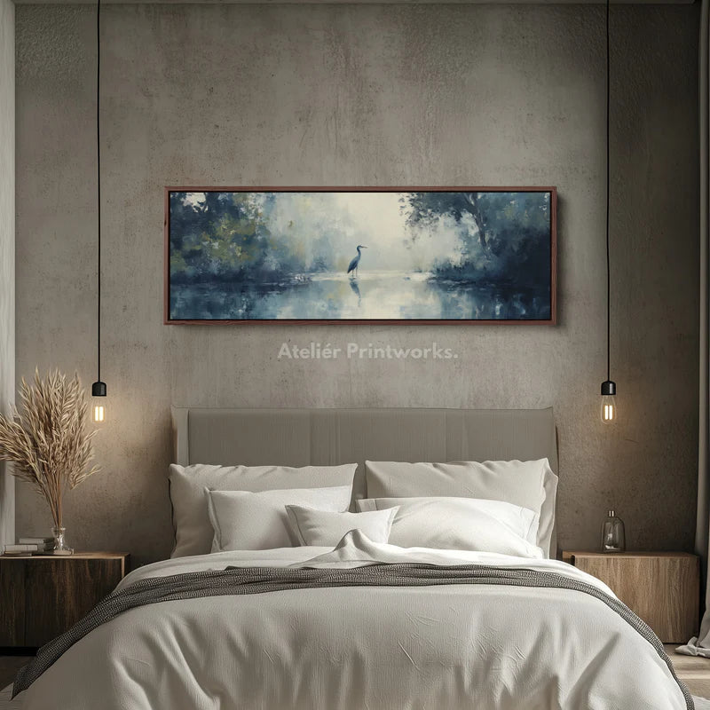 Muted Heron Long Horizontal Skinny Framed Canvas