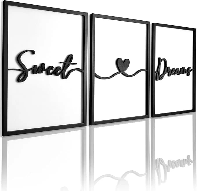 3D Wood Sweet Dreams Wall Decor Above Bed Decors, Bedroom Wall Art 36x16”, Black Wall Decor for Bedroom (12x16)