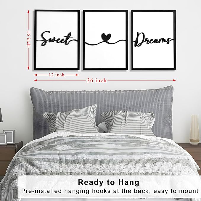 3D Wood Sweet Dreams Wall Decor Above Bed Decors, Bedroom Wall Art 36x16”, Black Wall Decor for Bedroom (12x16)