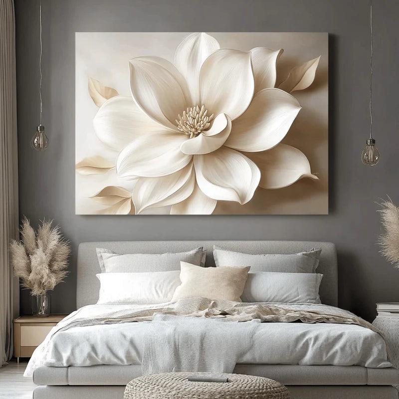 White Bloom Wall Art – Modern Floral Canvas for Bedroom & Living Room